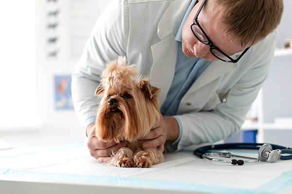 A vet leans over to examine a small long-haired dog