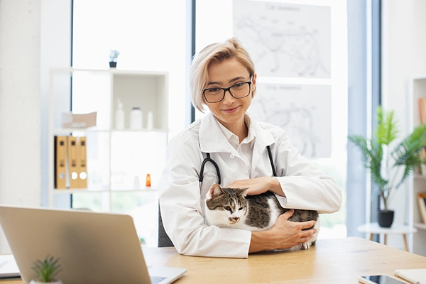 A veterinarian pets a calico cat while sitting at her office desk